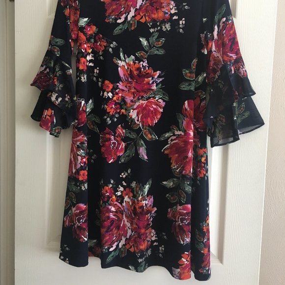 Floral A-line Dress on a Navy Background - Picture 2 of 5